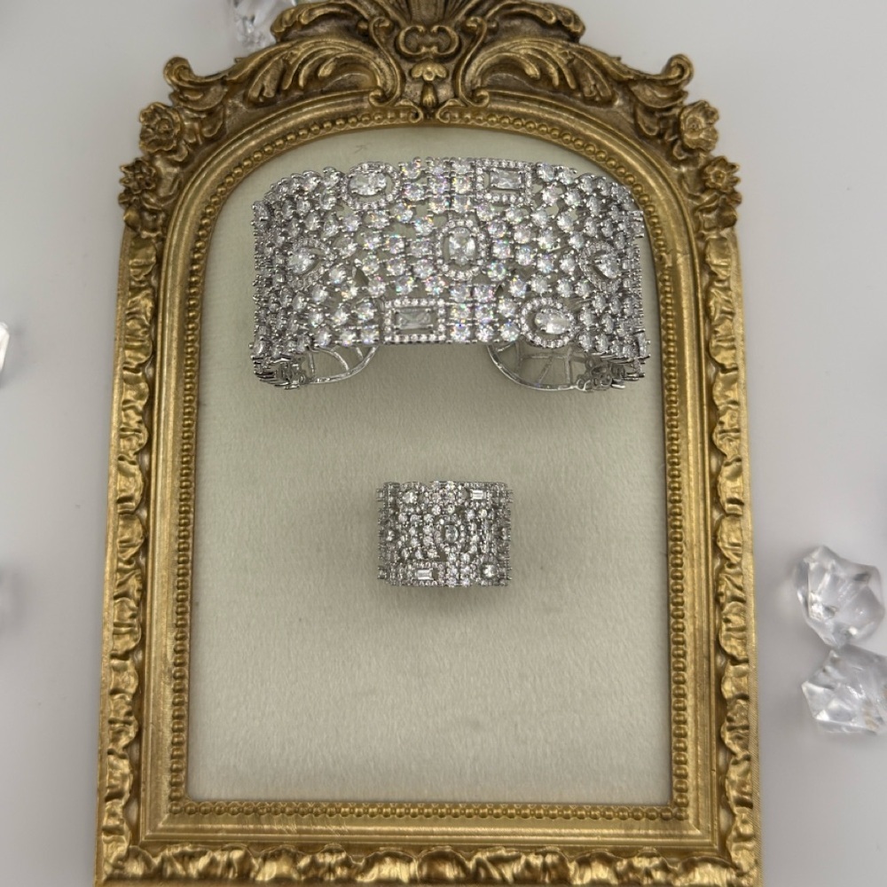Luxury Cubic Zirconia Cuff Bracelet & Ring Set – Silver Tone - Picture 10 of 17